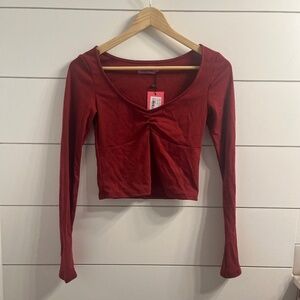 Edikted Red Maroon Long Sleeve Top Nat Ruched Burgundy Cropped Sweetheart Size S